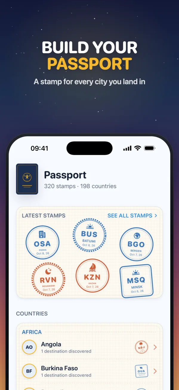 Build your passport: a stamp for every city you land in
