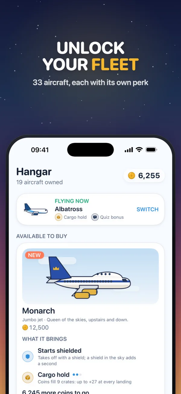 Unlock your fleet: 33 aircraft, each with its own perk